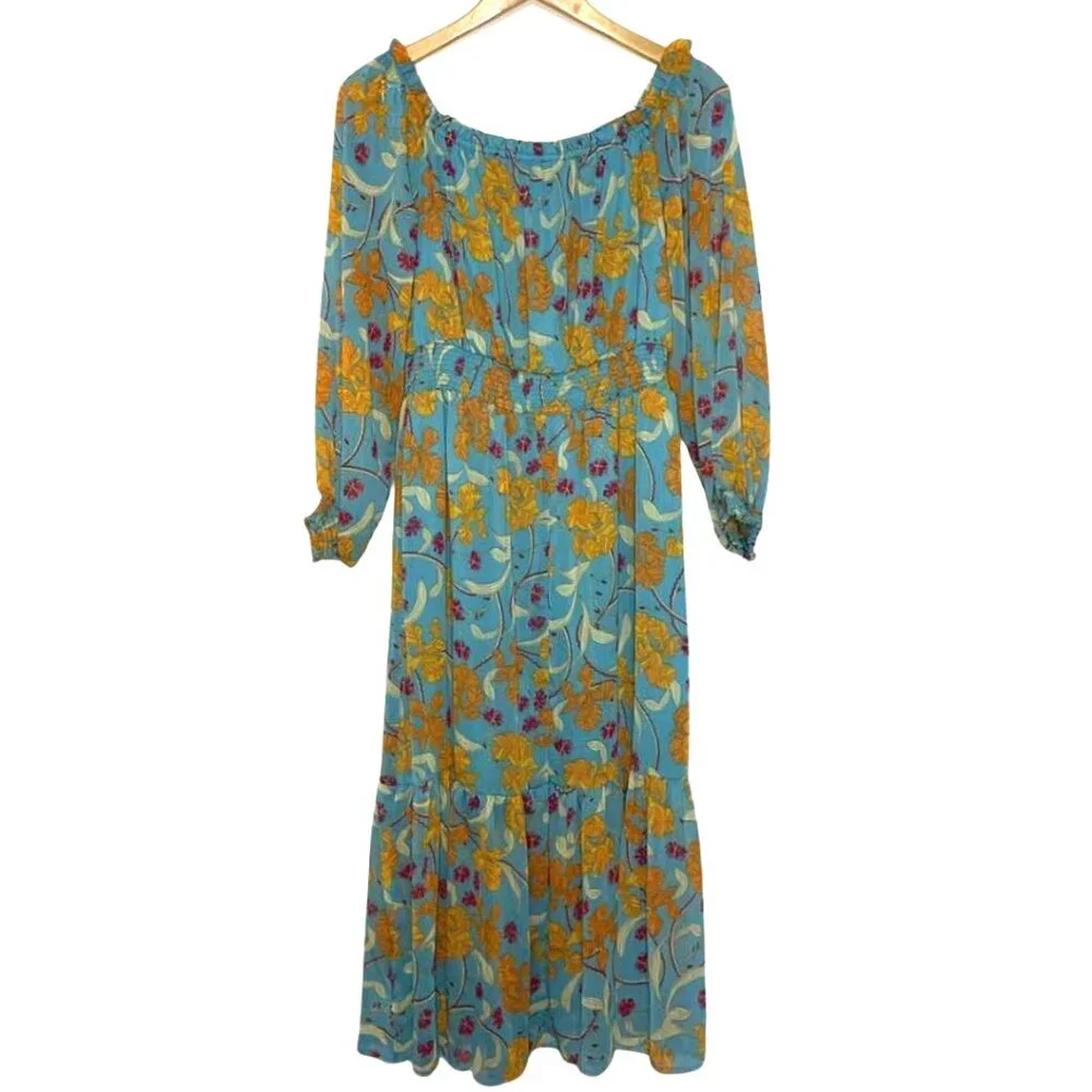 NWT Sofia Vergara 2-Way Off Shoulder Midi Dress Caneel Bay L Smocked
